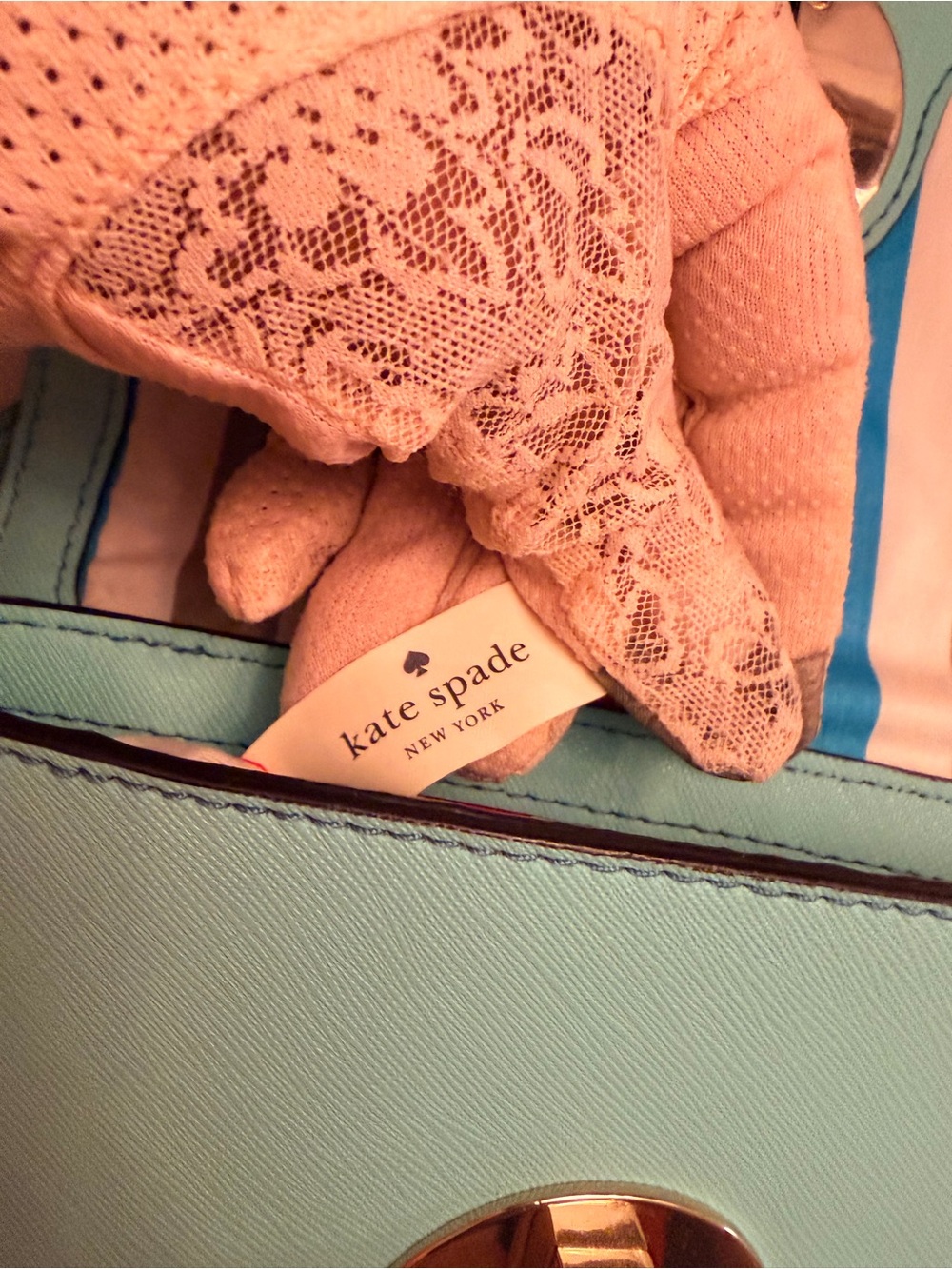 Kate Spade Mint Green Leather Crossbody Bag w/Multicolored Striped Interior GUC - Picture 10 of 16
